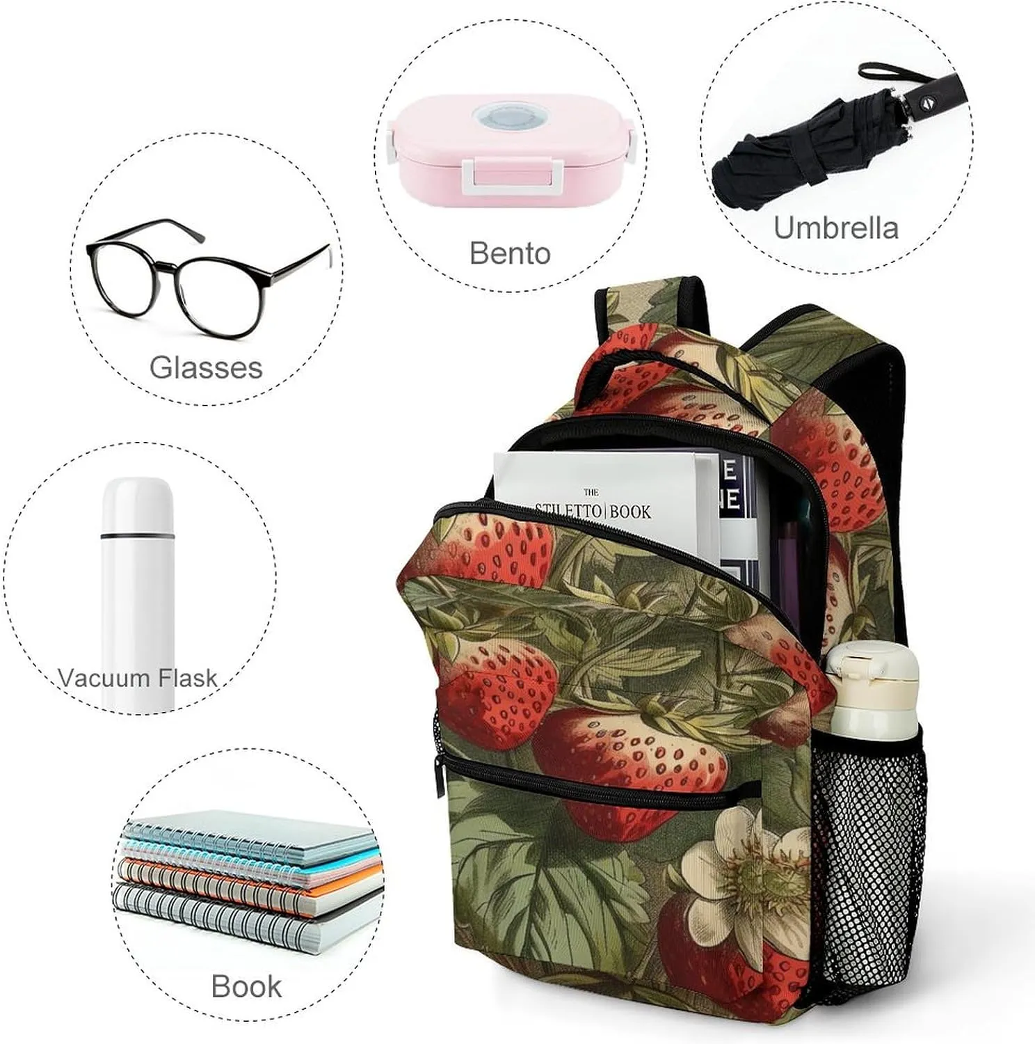 Small Backpacks Personalized Red Strawberry Printing Travel Bag Lightweight Travel Backpack For Women Men