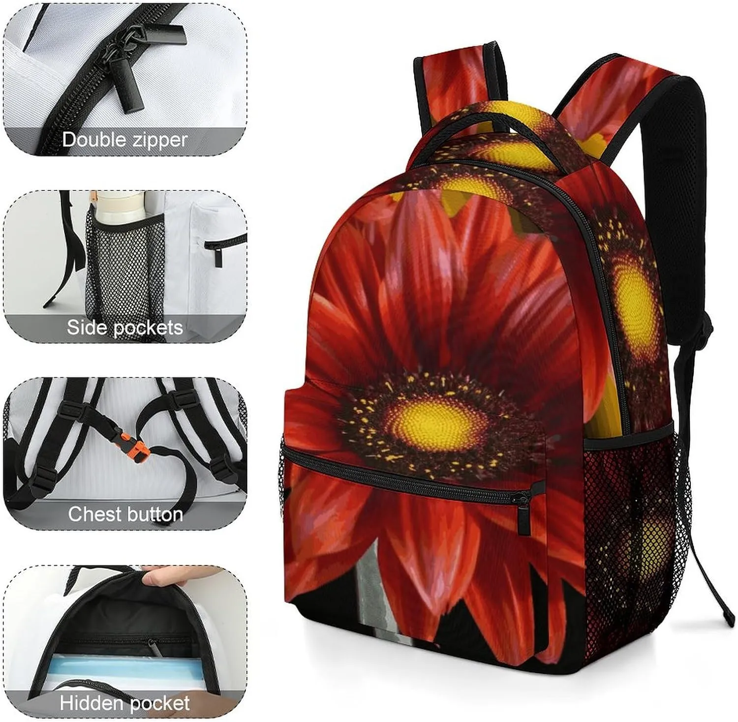 Small Backpacks Personalized Red Sunflower Printing Travel Bag Lightweight Travel Backpack For Women Men