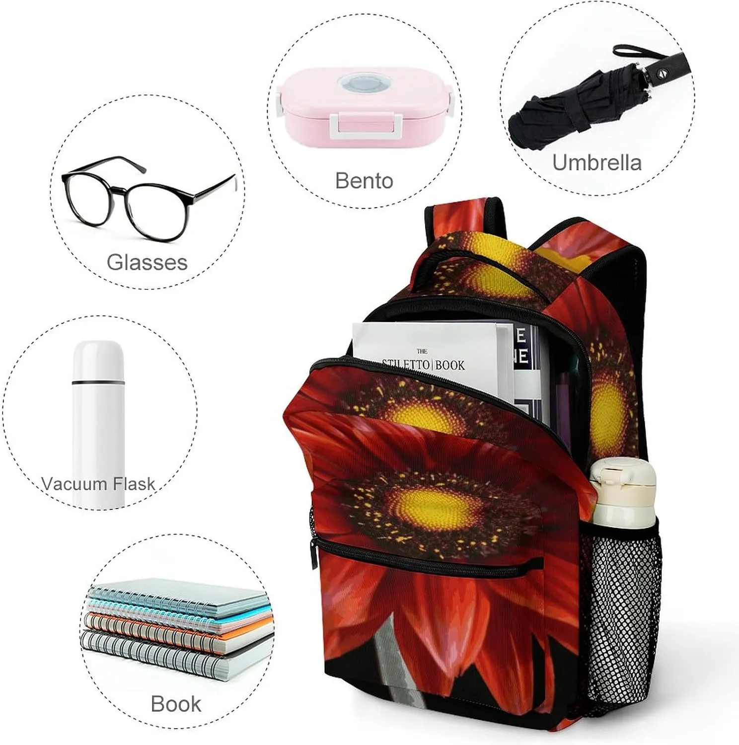 Small Backpacks Personalized Red Sunflower Printing Travel Bag Lightweight Travel Backpack For Women Men