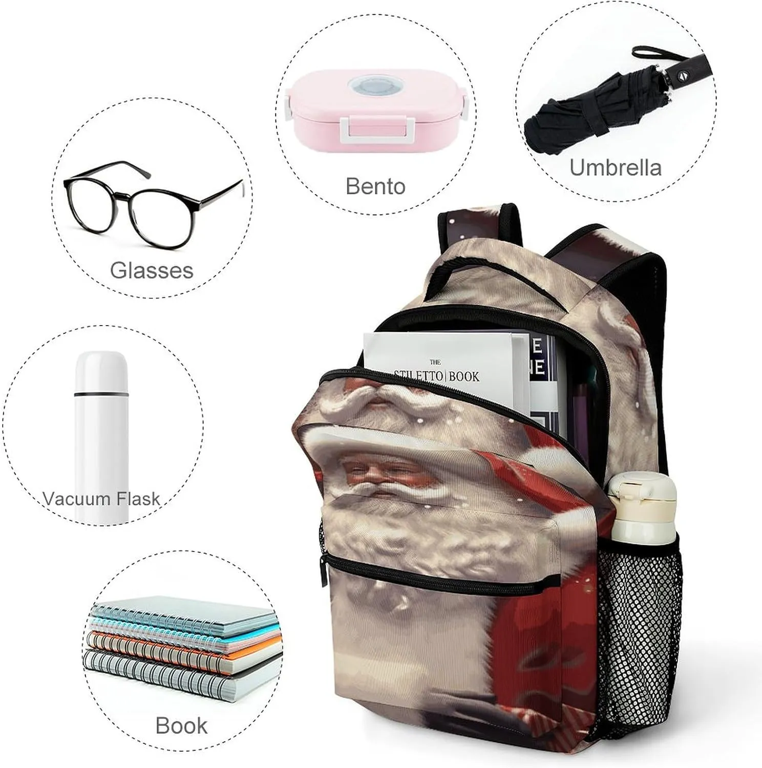 Small Backpacks Personalized Santa Claus Printing Travel Bag Lightweight Travel Backpack For Women Men