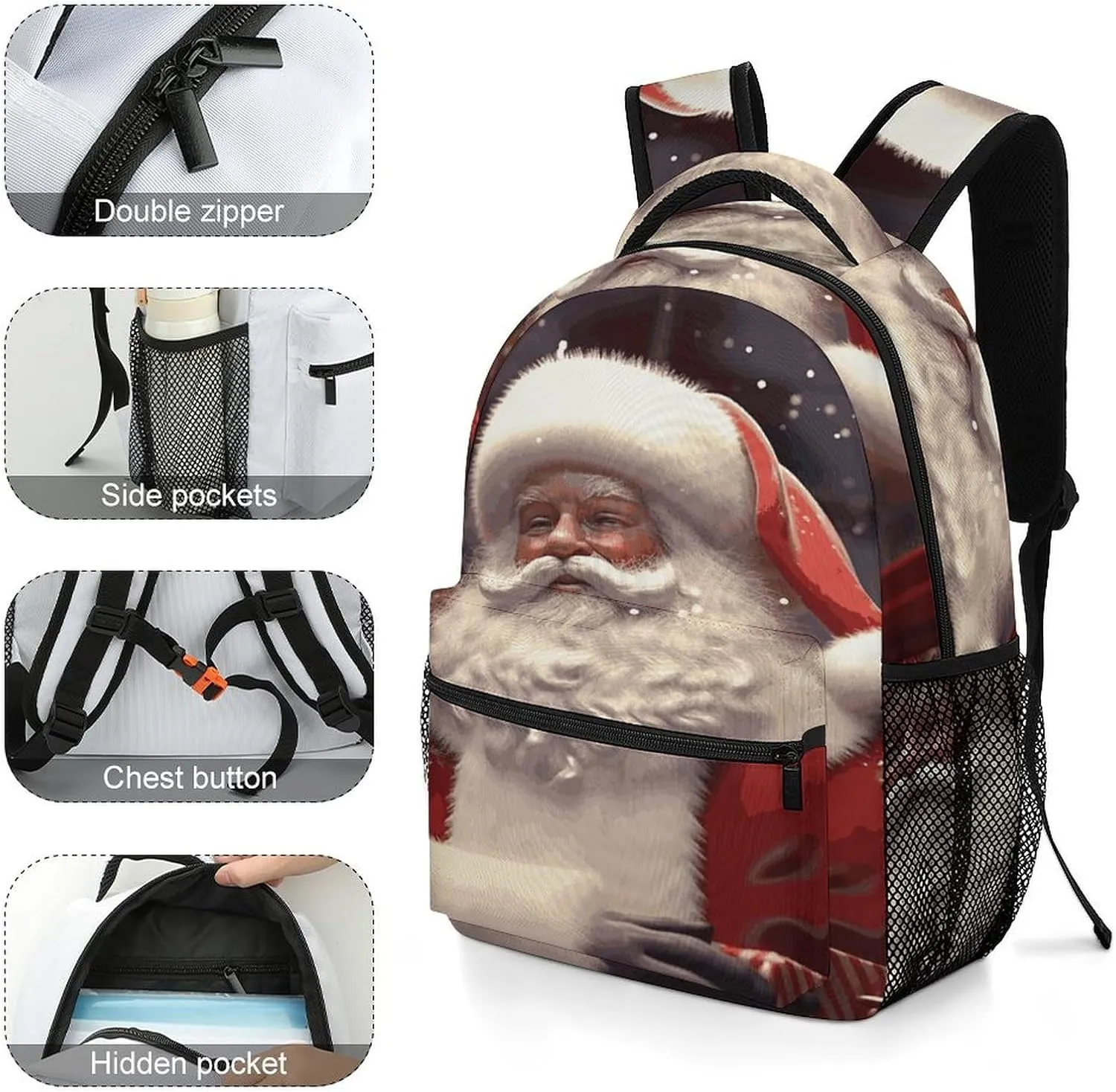 Small Backpacks Personalized Santa Claus Printing Travel Bag Lightweight Travel Backpack For Women Men