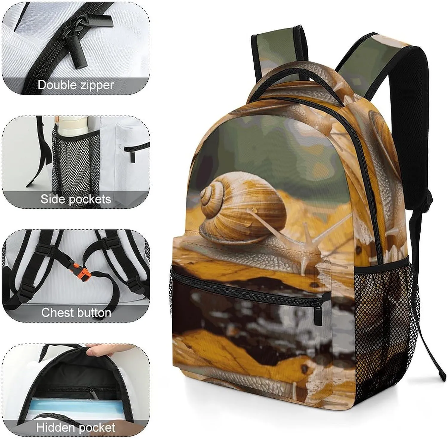 Small Backpacks Personalized Snail in Leaves Printing Travel Bag Lightweight Travel Backpack For Women Men