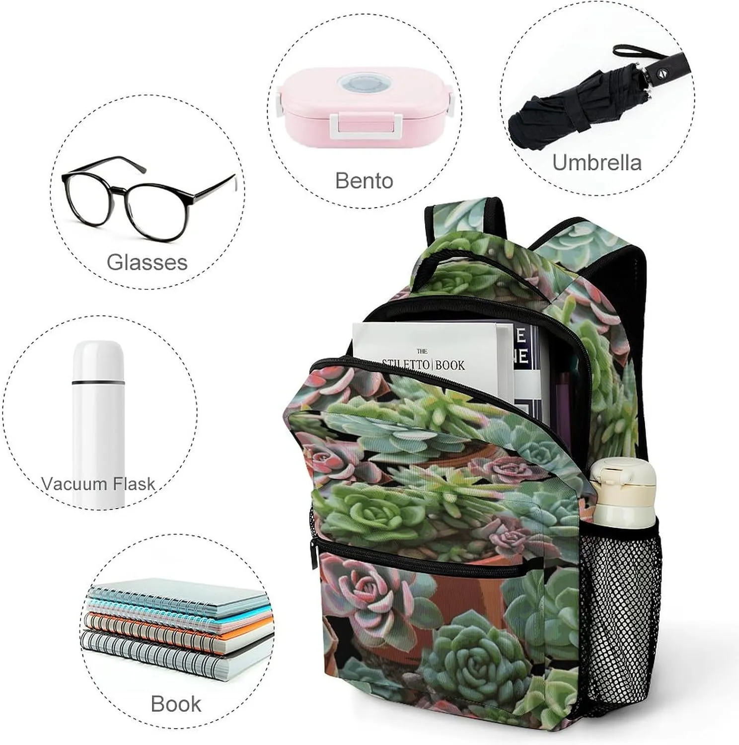 Small Backpacks Personalized Succulents Printing Travel Bag Lightweight Travel Backpack For Women Men