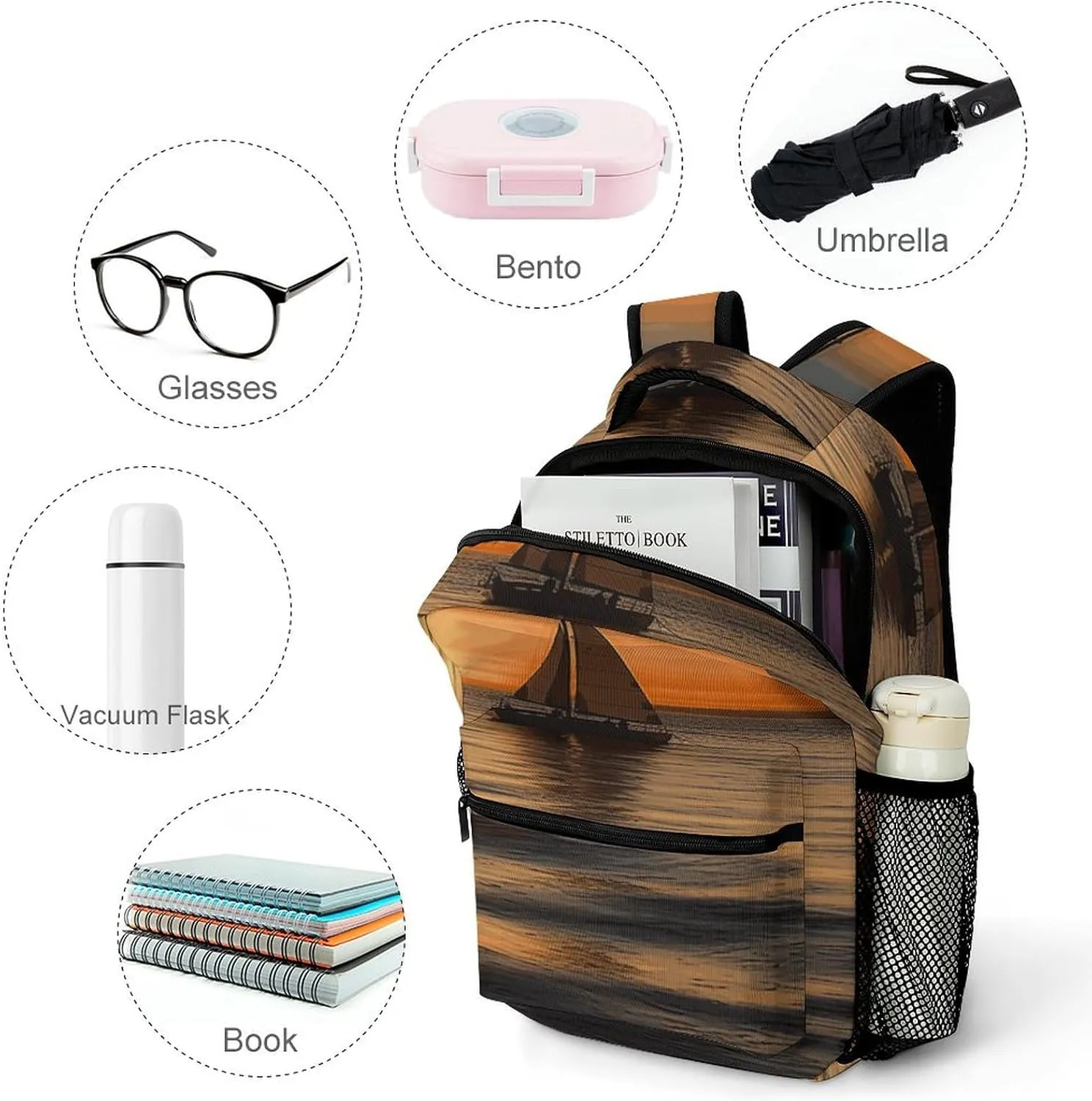 Small Backpacks Personalized Sunset Beach Sailboat Printing Travel Bag Lightweight Travel Backpack For Women Men