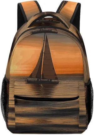 Small Backpacks Personalized Sunset Beach Sailboat Printing Travel Bag Lightweight Travel Backpack For Women Men