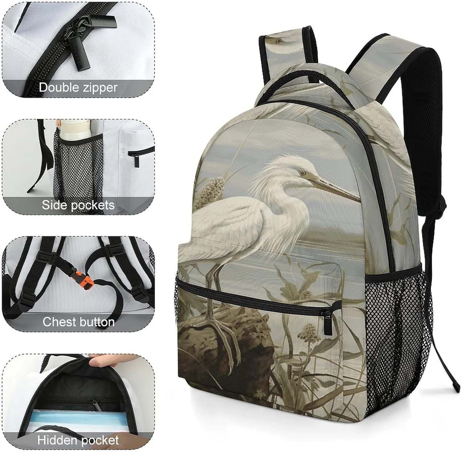 Small Backpacks Personalized Swamp Egret Printing Travel Bag Lightweight Travel Backpack For Women Men
