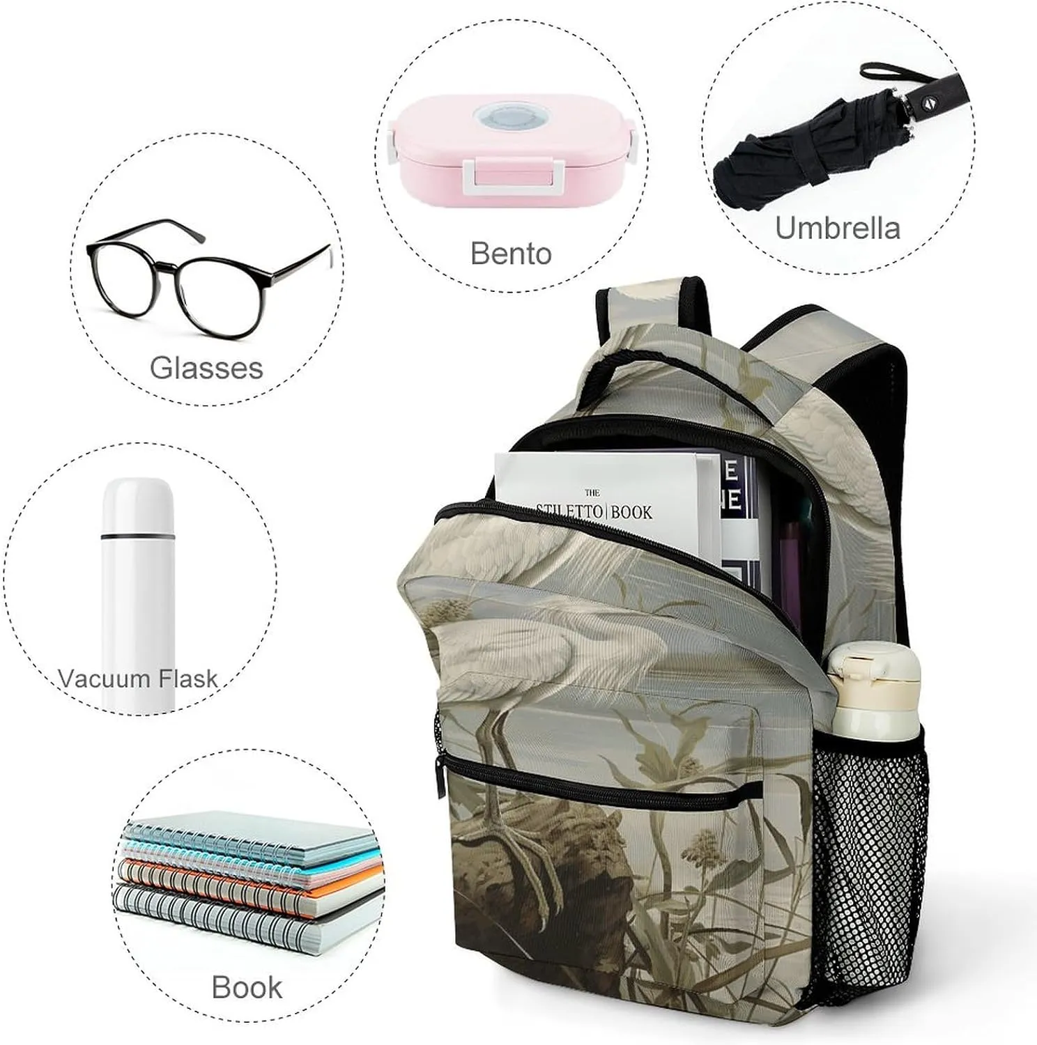 Small Backpacks Personalized Swamp Egret Printing Travel Bag Lightweight Travel Backpack For Women Men