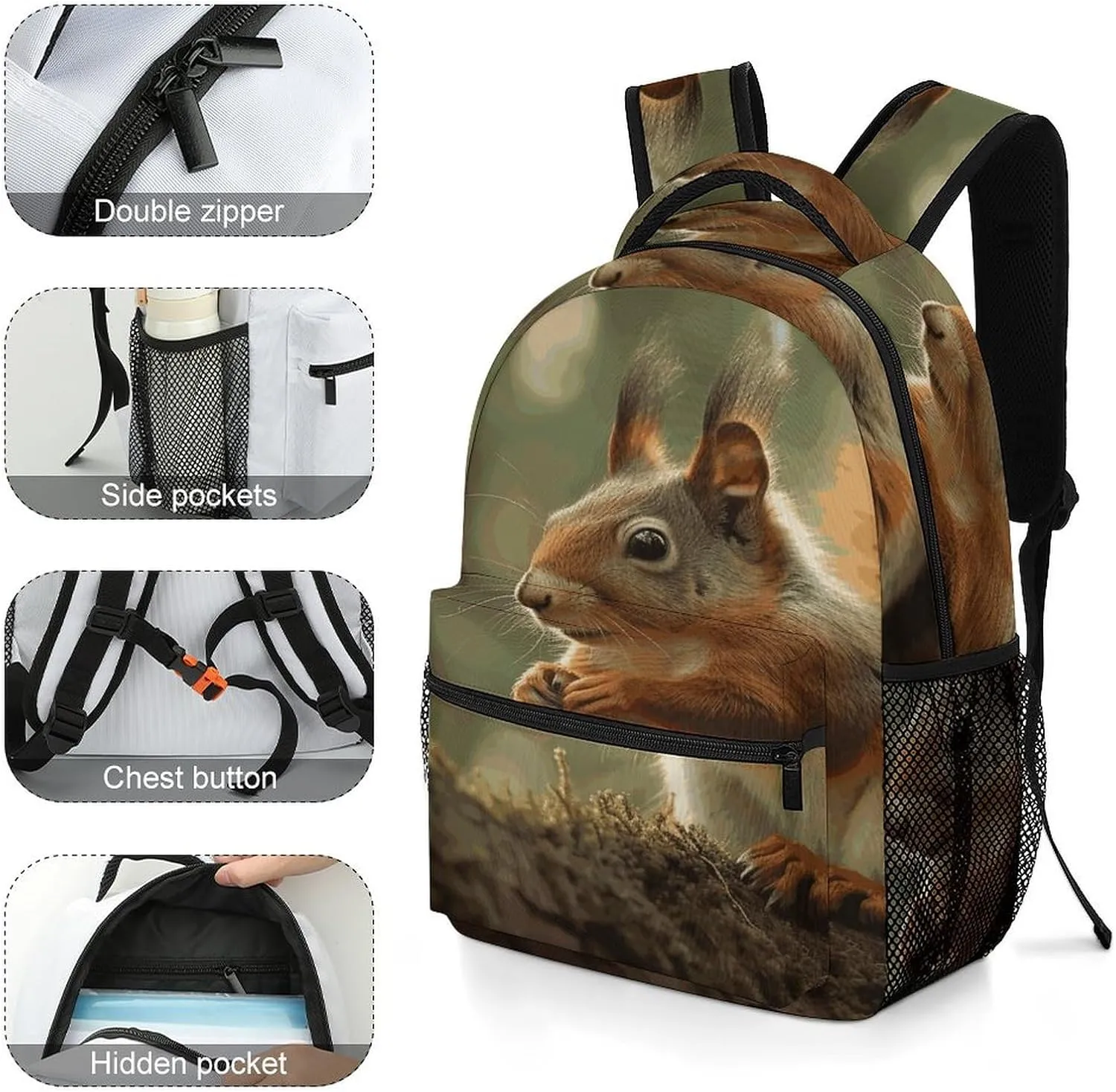 Small Backpacks Personalized Wildlife Forest Squirrel Printing Travel Bag Lightweight Travel Backpack For Women Men