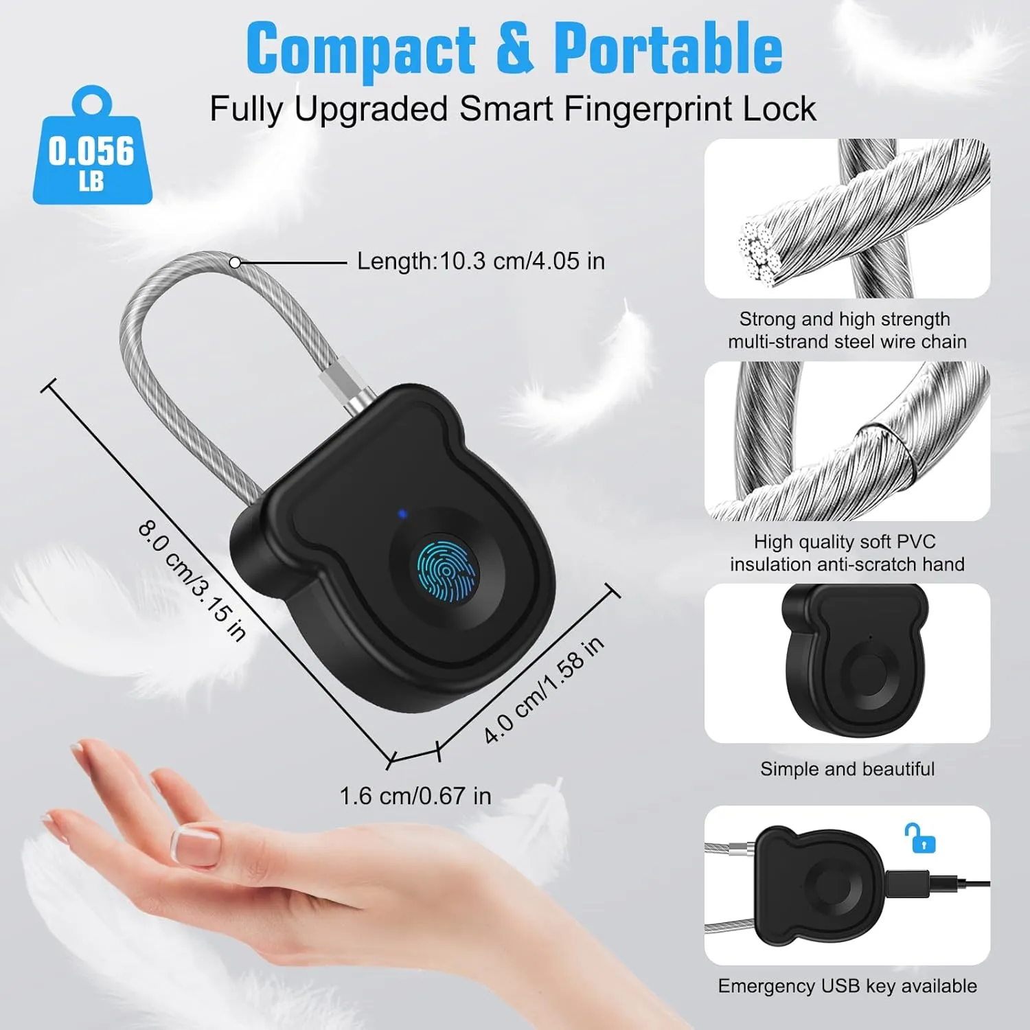Smart Fingerprint Padlock for Luggage - 20 User Capacity, USB Key & Emergency Code, Keyless Biometric Lock for Gym Locker, Suitcase, Backpack, Toolbox & Handbag (Black)