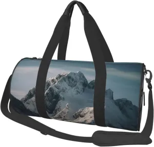 Snow mountain during the day Travel Duffle Bag Carry On Weekender Overnight Bag Sport Gym Bag for Women Men Foldable Travel Duffle Round Duffle Bag for Travel Sports Gym
