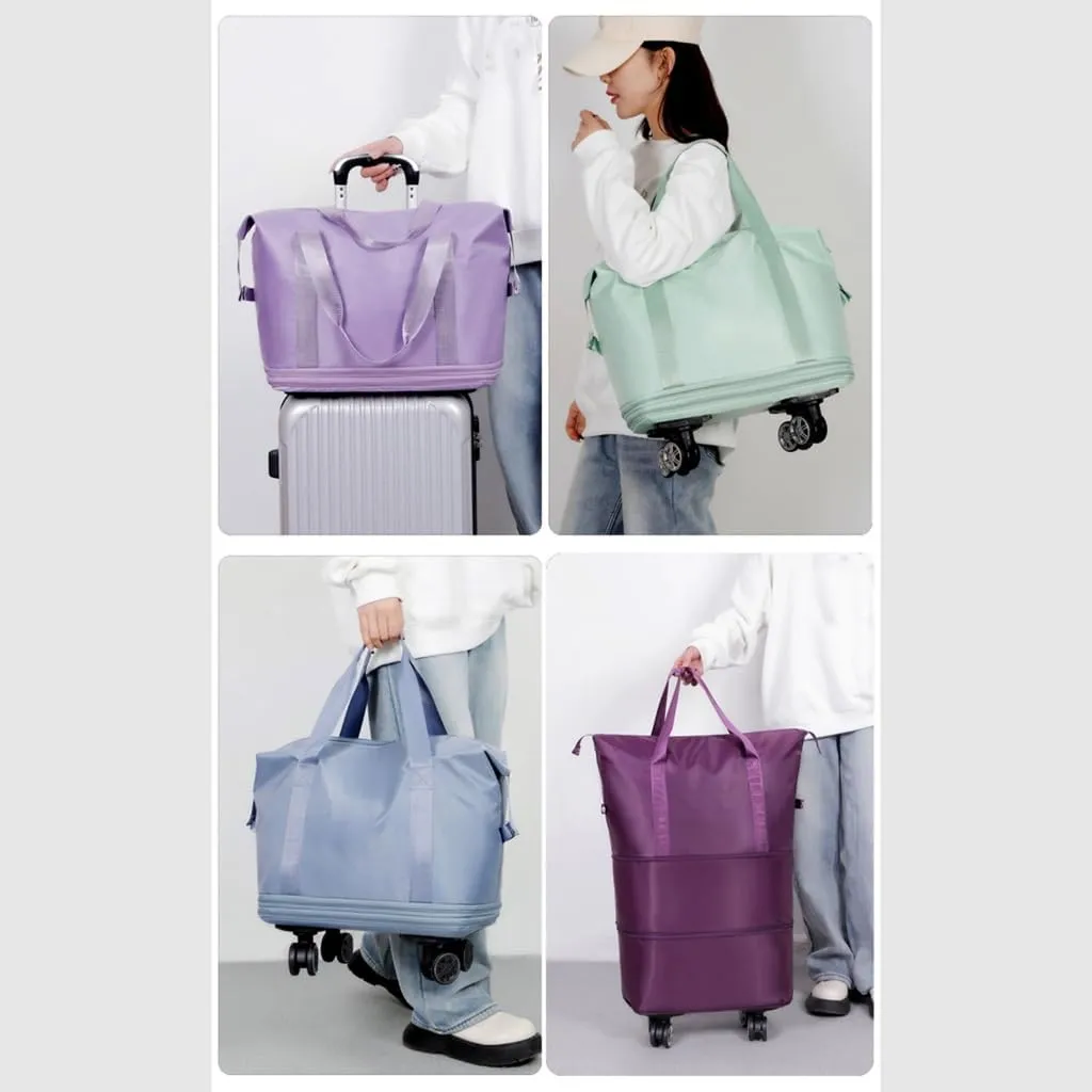 Solid Color Wheeled Rolling Sport Bag Extendable Foldable Travel Luggage Bag with Large Capacity Storage