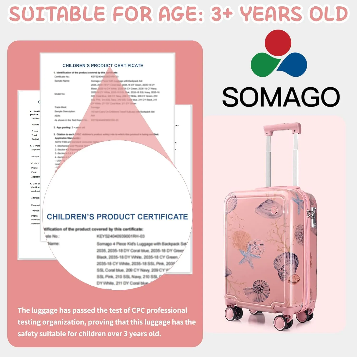 Somago 4 Piece Kid's Luggage with Backpack Set for Boys Girls Spinner 18" Hardside PC Rolling Carry on Suitcase with TSA Lock (Seashell Pink)