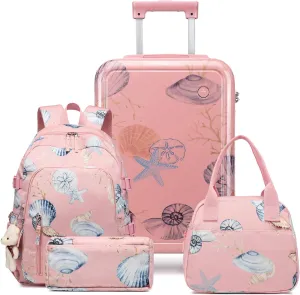 Somago 4 Piece Kid's Luggage with Backpack Set for Boys Girls Spinner 18" Hardside PC Rolling Carry on Suitcase with TSA Lock (Seashell Pink)