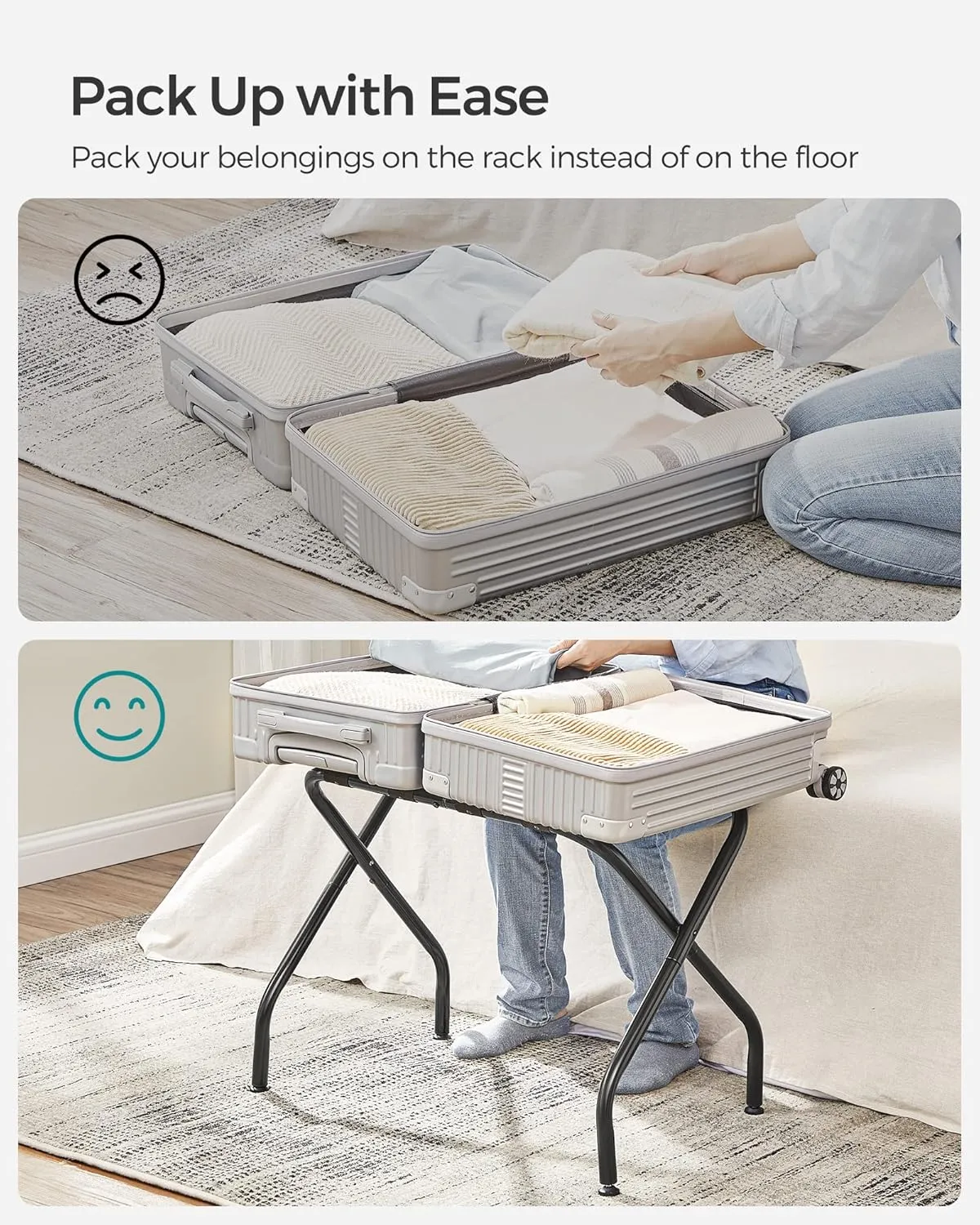 SONGMICS Luggage Rack for Guest Room, Suitcase Stand, Foldable Steel Frame, for Hotel, Bedroom, Holds up to 110 lb, 27.2 x 15 x 20.5 Inches, Black URLR001B01V1