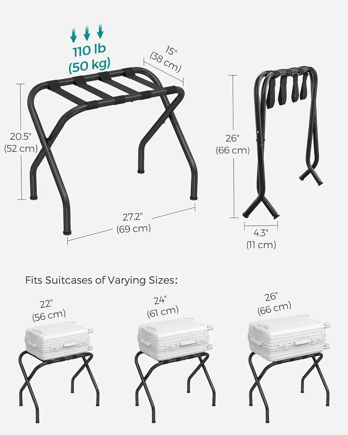 SONGMICS Luggage Rack for Guest Room, Suitcase Stand, Foldable Steel Frame, for Hotel, Bedroom, Holds up to 110 lb, 27.2 x 15 x 20.5 Inches, Black URLR001B01V1