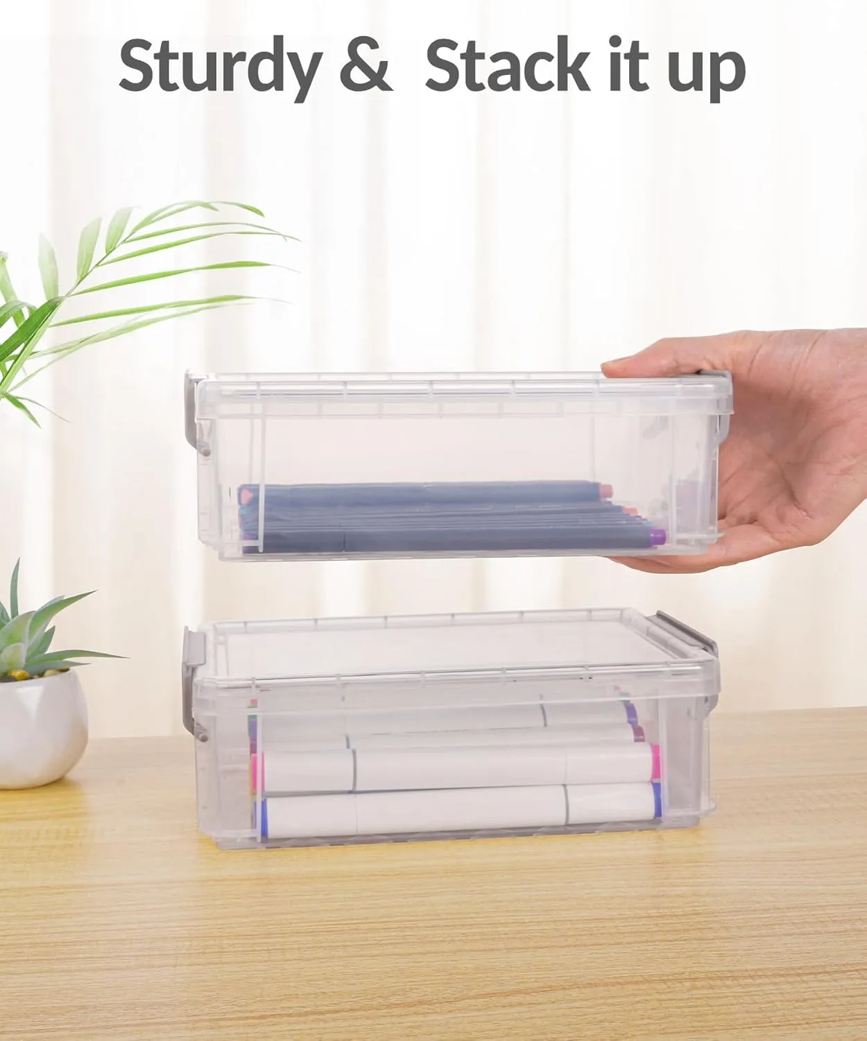 Sooez 6 Pack Extra Large Pencil Box, Plastic Pencil Case Crayon Box Bulk, Clear Marker Organizer Plastic Containers with Lid, Stackable Storage Boxes for Craft, Pen, Art, Back to School Supplies, Grey