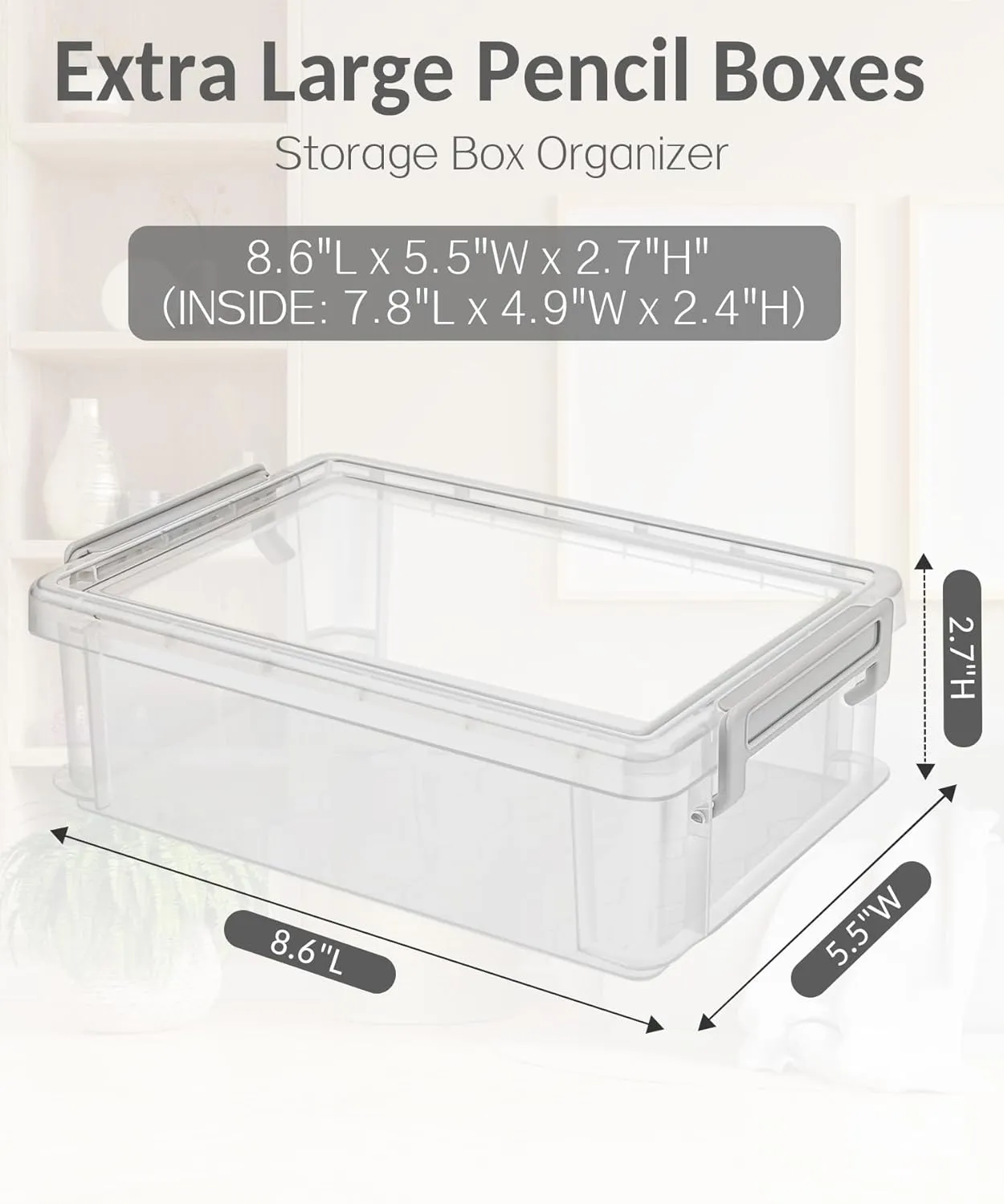 Sooez 6 Pack Extra Large Pencil Box, Plastic Pencil Case Crayon Box Bulk, Clear Marker Organizer Plastic Containers with Lid, Stackable Storage Boxes for Craft, Pen, Art, Back to School Supplies, Grey