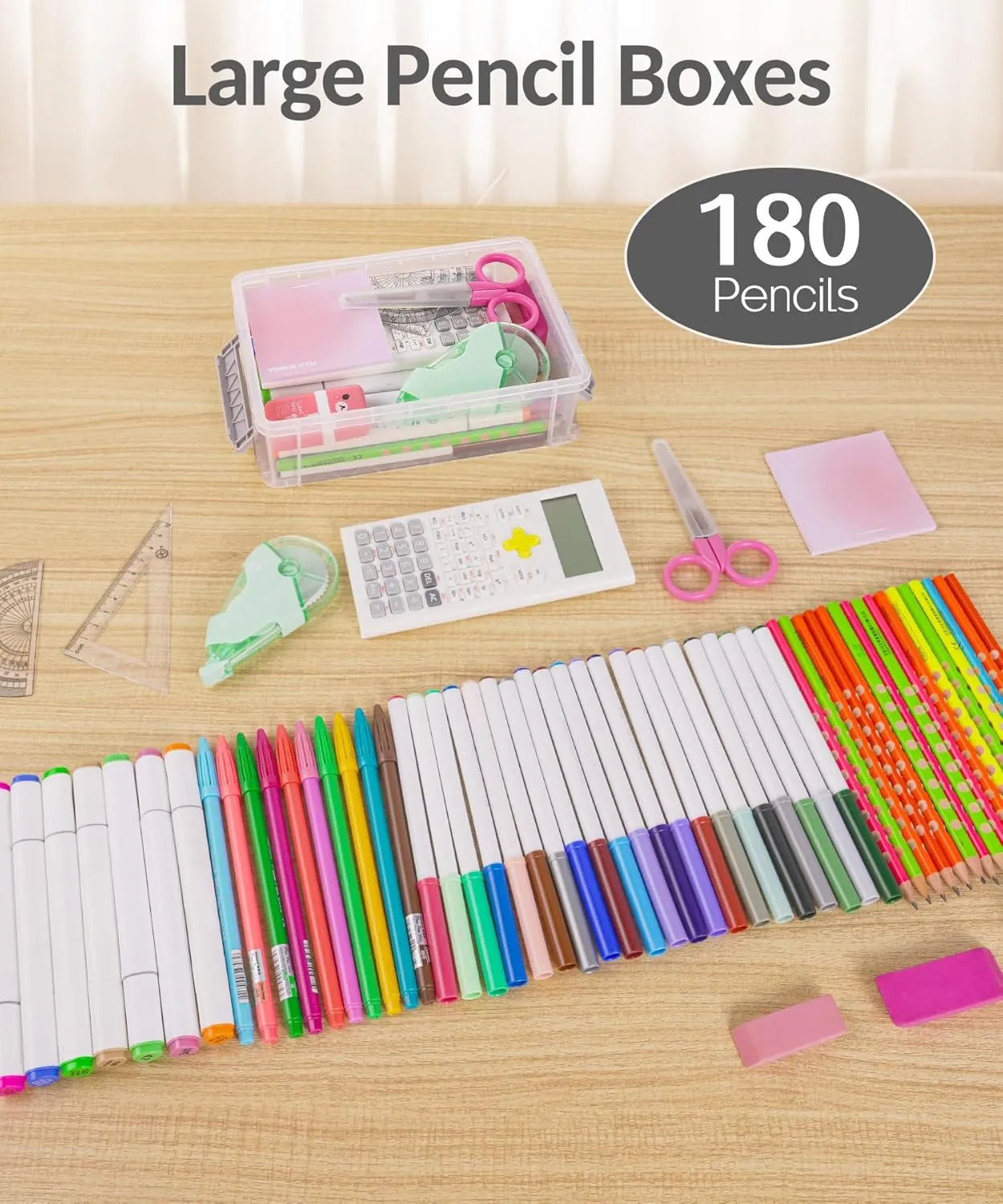 Sooez 6 Pack Extra Large Pencil Box, Plastic Pencil Case Crayon Box Bulk, Clear Marker Organizer Plastic Containers with Lid, Stackable Storage Boxes for Craft, Pen, Art, Back to School Supplies, Grey