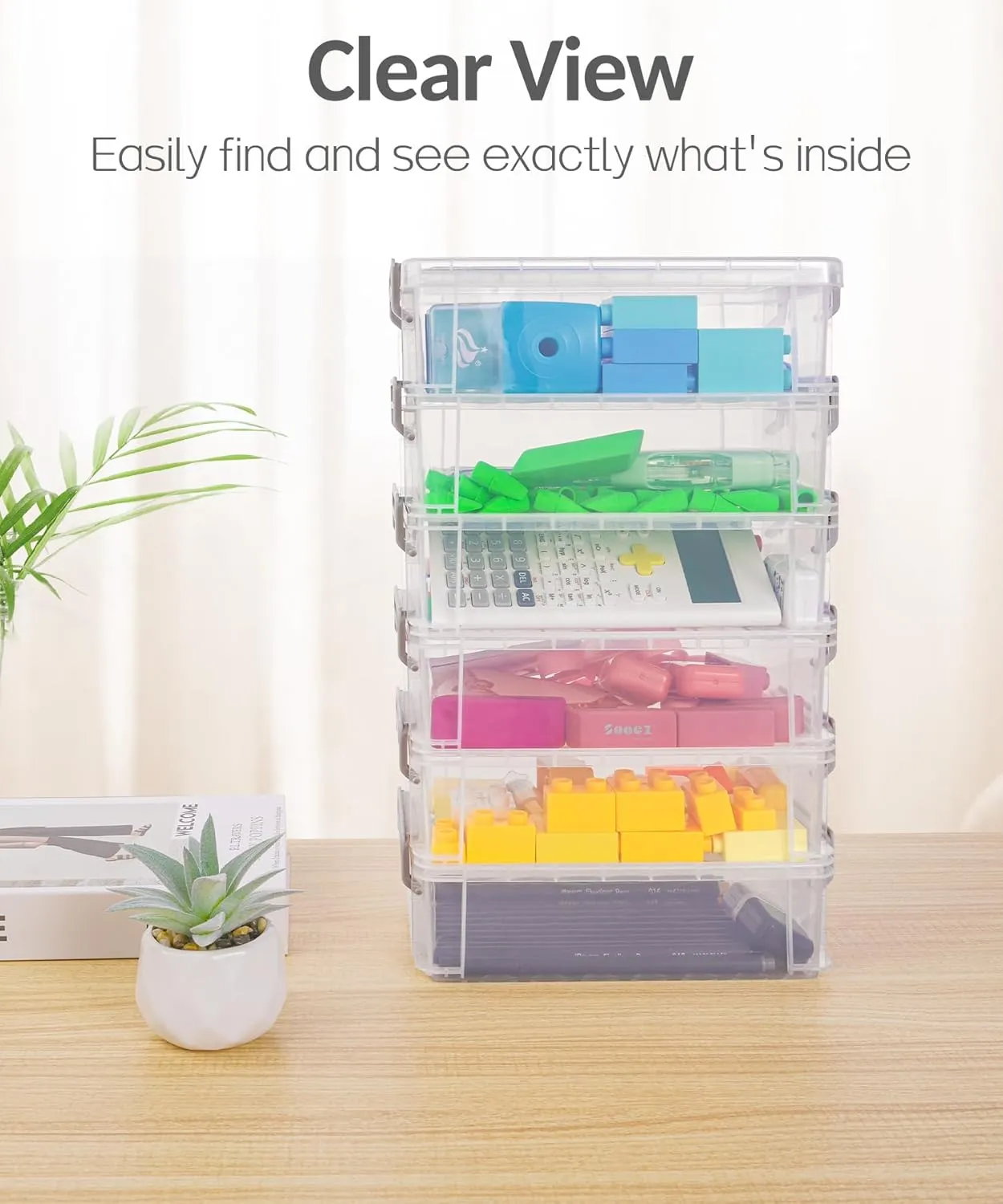Sooez 6 Pack Extra Large Pencil Box, Plastic Pencil Case Crayon Box Bulk, Clear Marker Organizer Plastic Containers with Lid, Stackable Storage Boxes for Craft, Pen, Art, Back to School Supplies, Grey