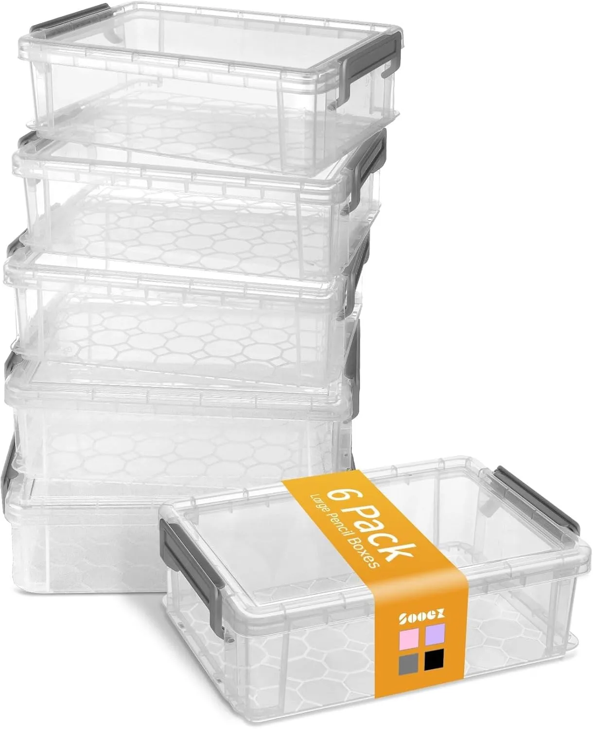 Sooez 6 Pack Extra Large Pencil Box, Plastic Pencil Case Crayon Box Bulk, Clear Marker Organizer Plastic Containers with Lid, Stackable Storage Boxes for Craft, Pen, Art, Back to School Supplies, Grey