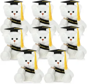 Sotiff 8 Pcs 2025 Graduation Plush Bear Bulk 7 Inch Stuffed Animal Bear with Hat and Diploma Graduation Gift for Friend Relatives College Party(White)