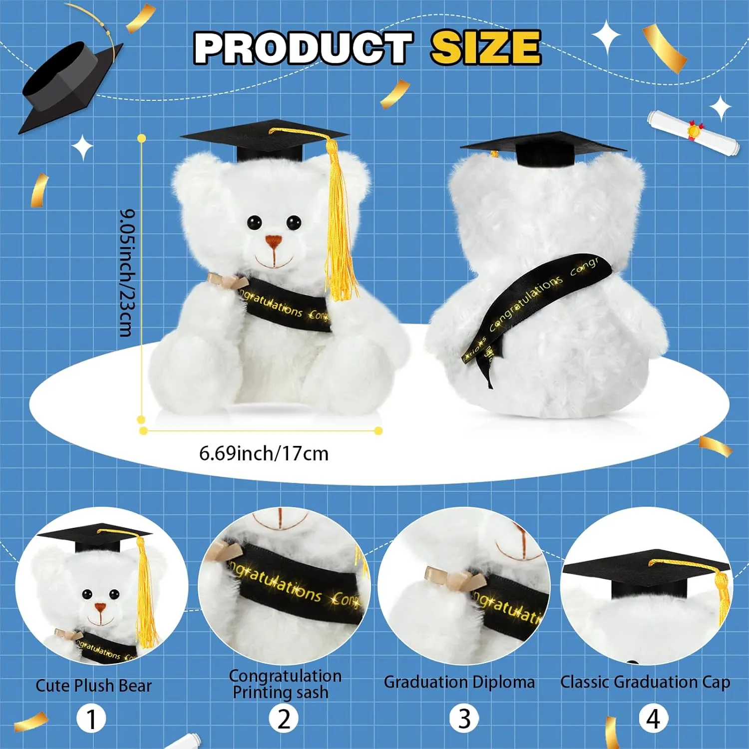 Sotiff 8 Pcs 2025 Graduation Plush Bear Bulk 7 Inch Stuffed Animal Bear with Hat and Diploma Graduation Gift for Friend Relatives College Party(White)