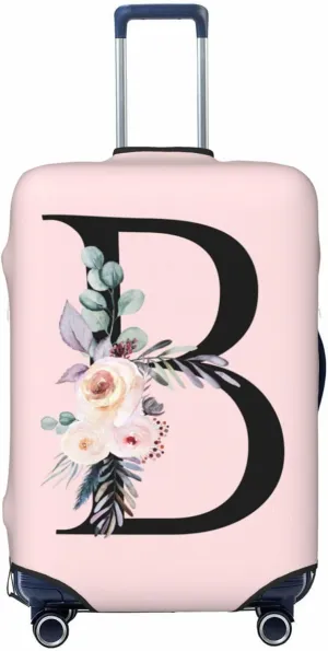 Spandex Travel Luggage Cover Cute Pink Suitcase Protector Bag,Black Letter B With Boho Floral Flowers Leaves Anti-Scratch,Dust-Proof Washable Suitcase Sleeve For Kid Adult,L (For 25-28 Inch Luggage)