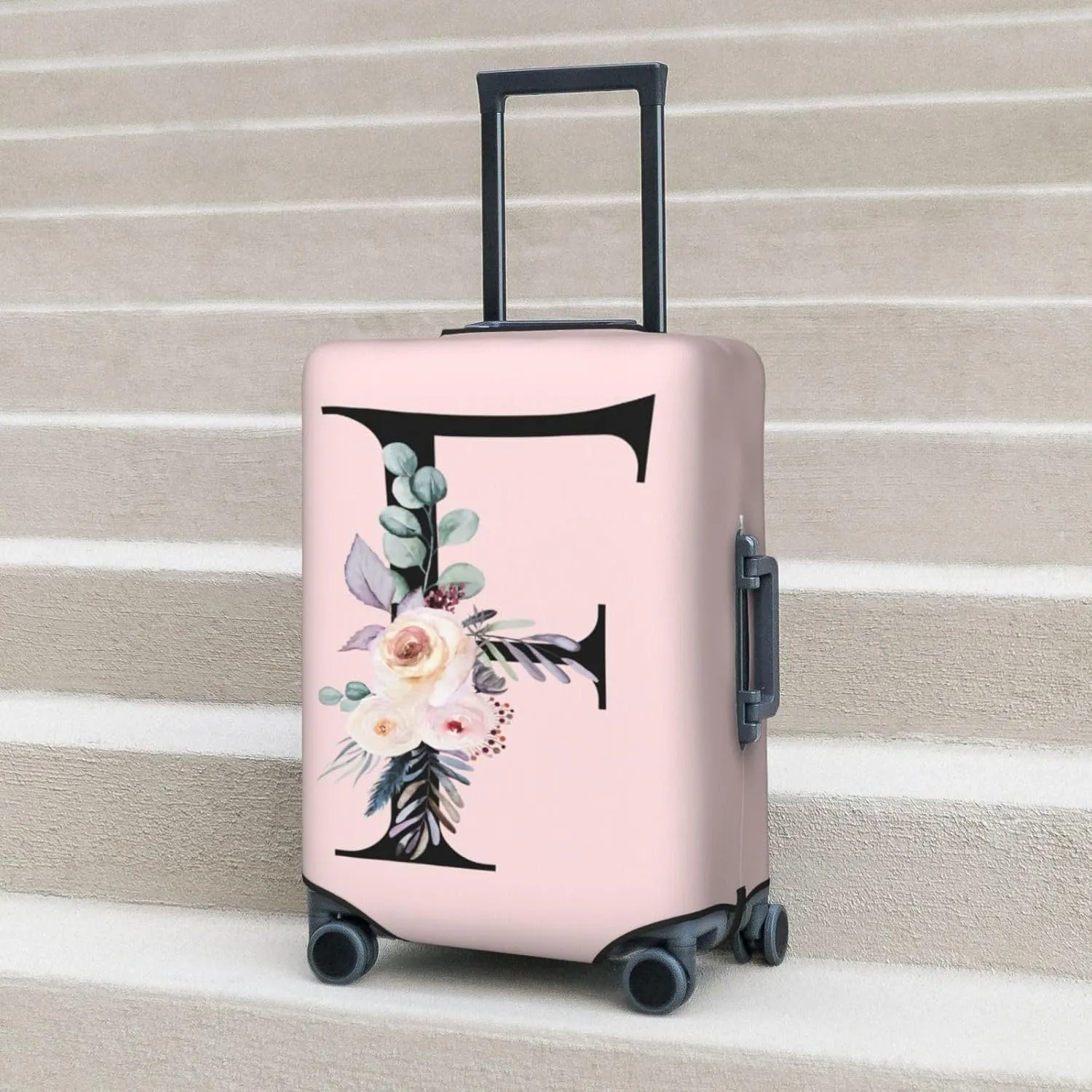 Spandex Travel Luggage Cover Cute Pink Suitcase Protector Bag,Black Letter F With Boho Floral Flowers Leaves Anti-Scratch,Dust-Proof Washable Suitcase Sleeve For Kid Adult,Xl (For 29-32 Inch Luggage)