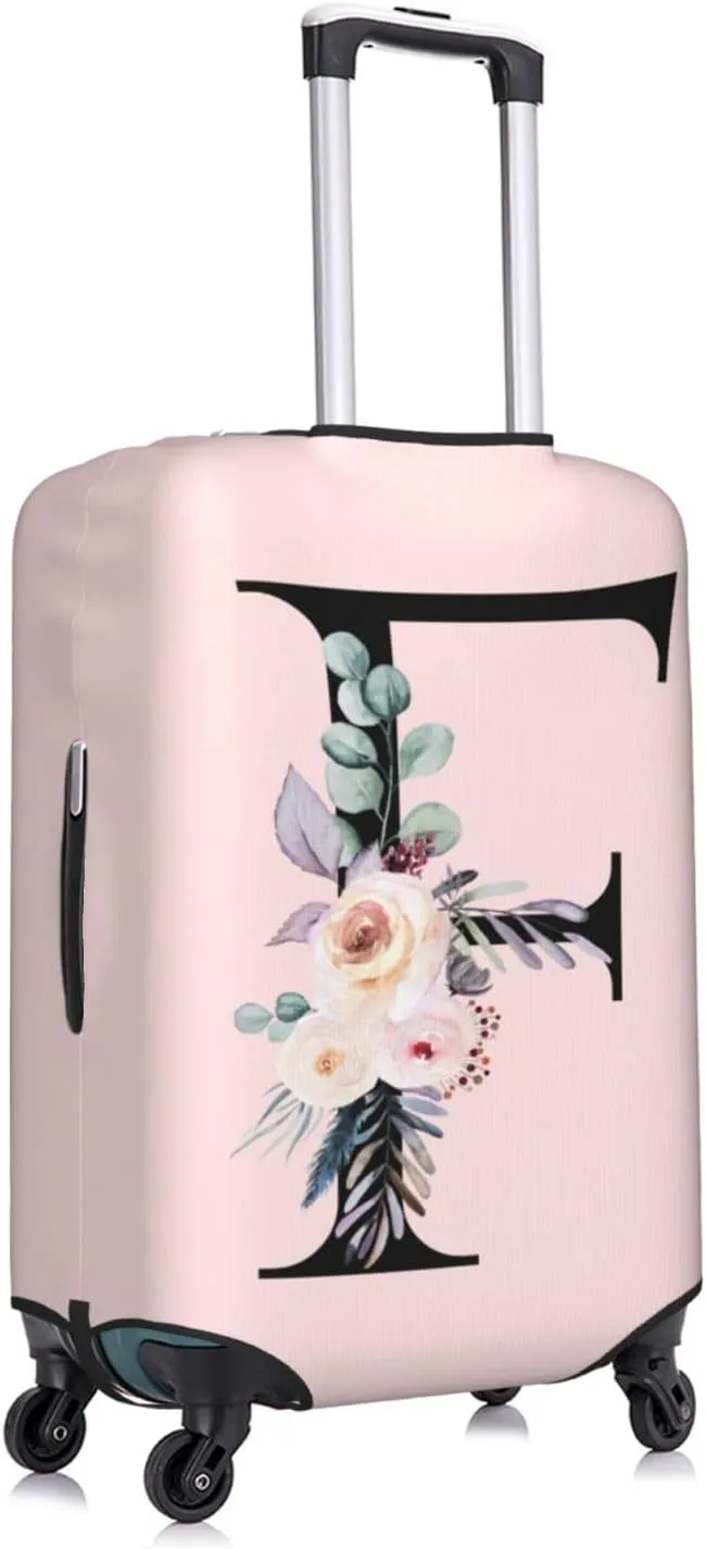 Spandex Travel Luggage Cover Cute Pink Suitcase Protector Bag,Black Letter F With Boho Floral Flowers Leaves Anti-Scratch,Dust-Proof Washable Suitcase Sleeve For Kid Adult,Xl (For 29-32 Inch Luggage)