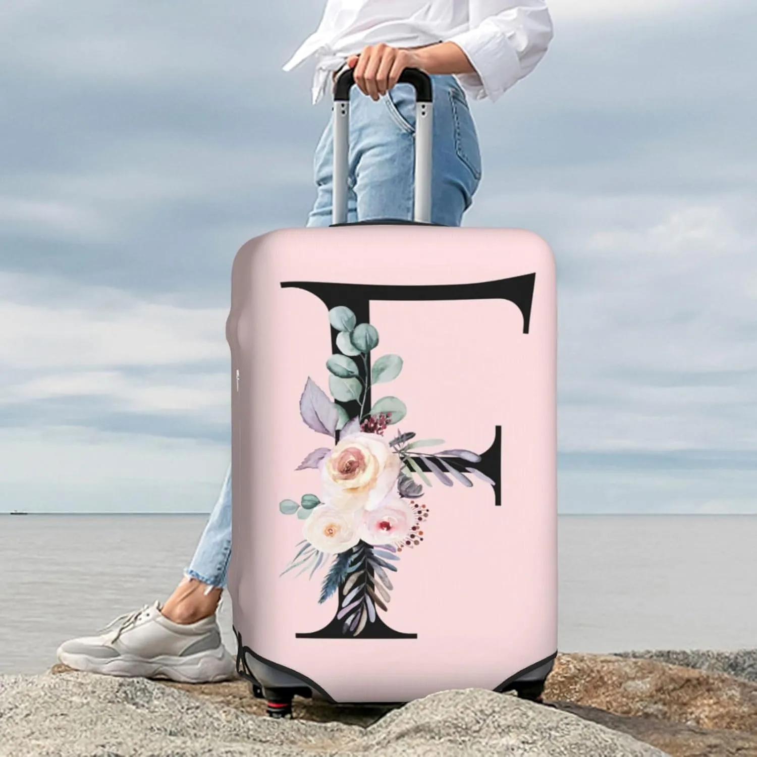 Spandex Travel Luggage Cover Cute Pink Suitcase Protector Bag,Black Letter F With Boho Floral Flowers Leaves Anti-Scratch,Dust-Proof Washable Suitcase Sleeve For Kid Adult,Xl (For 29-32 Inch Luggage)