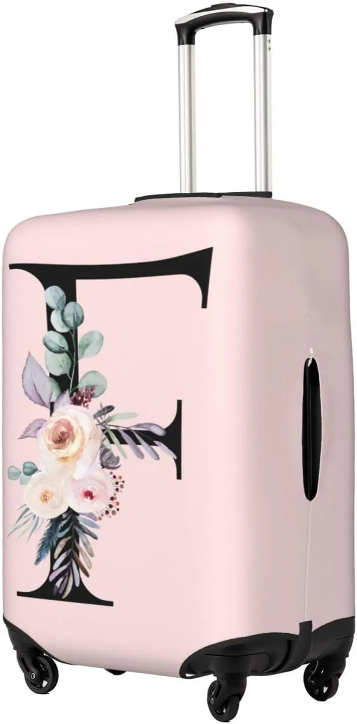 Spandex Travel Luggage Cover Cute Pink Suitcase Protector Bag,Black Letter F With Boho Floral Flowers Leaves Anti-Scratch,Dust-Proof Washable Suitcase Sleeve For Kid Adult,Xl (For 29-32 Inch Luggage)