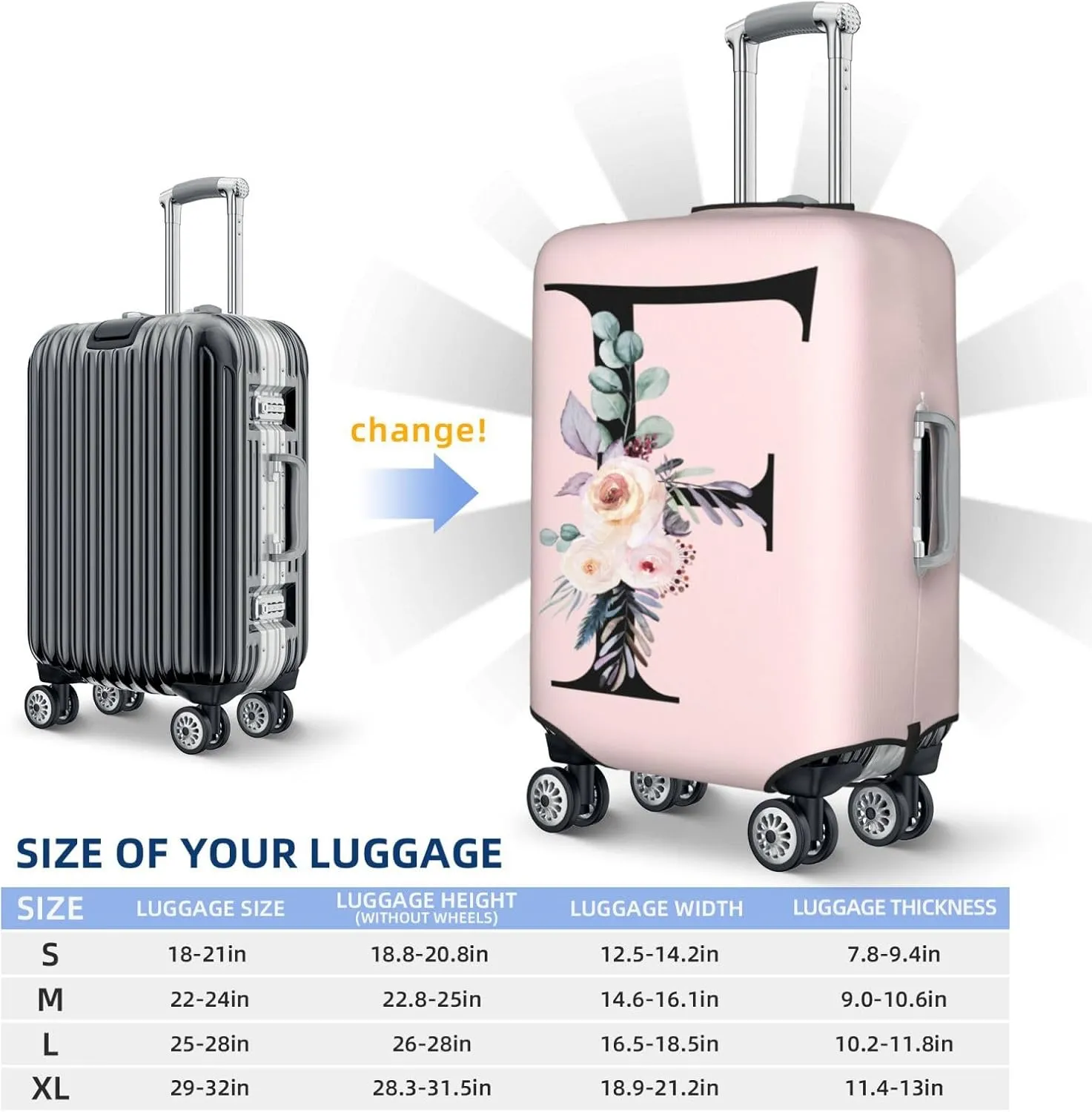 Spandex Travel Luggage Cover Cute Pink Suitcase Protector Bag,Black Letter F With Boho Floral Flowers Leaves Anti-Scratch,Dust-Proof Washable Suitcase Sleeve For Kid Adult,Xl (For 29-32 Inch Luggage)