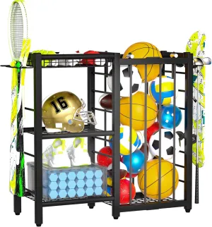 Sports Equipment Organizer, Toy Storage with Elastic Straps for Garage Organization, Rolling Ball Storage Rack for Sports Ball/Toy Storage Organizer, Garage Storage with Multi-Functional Hooks