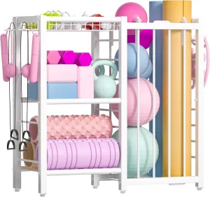 Sports Equipment Organizer, Toy Storage with Elastic Straps for Garage Organization, Rolling Ball Storage Rack for Sports Ball/Toy Storage Organizer, Garage Storage with Multi-Functional Hooks