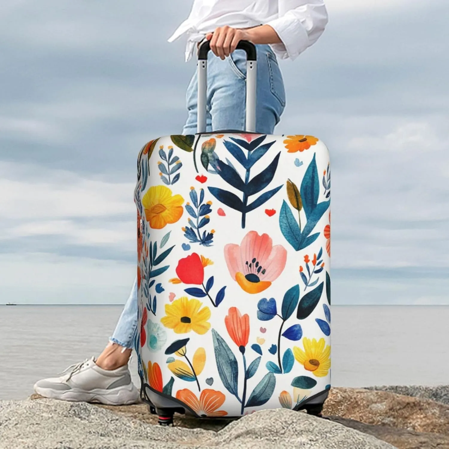 Spring Flowers Leaves Travel Suitcase Cover, Washable Suitcase Cover S - Fits 18-21 inch luggage(No Suitcase)