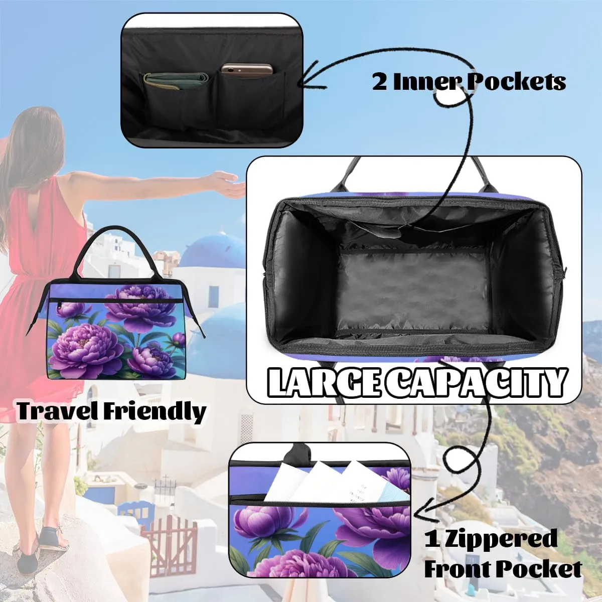 Spring Purple Floral Small Overnight Weekender Tote Bag for Women Men Foldable Travel Duffel Bags Lightweight Sports Gym Bag Waterproof Carry On Luggage Weekender Bag for Traveling Gifts