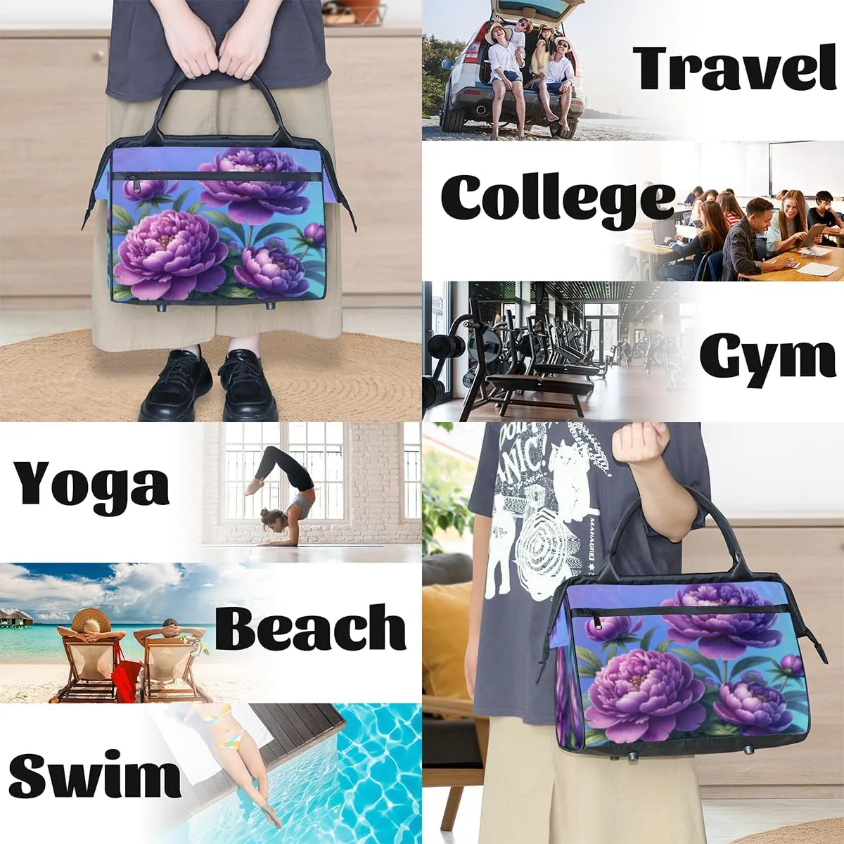 Spring Purple Floral Small Overnight Weekender Tote Bag for Women Men Foldable Travel Duffel Bags Lightweight Sports Gym Bag Waterproof Carry On Luggage Weekender Bag for Traveling Gifts