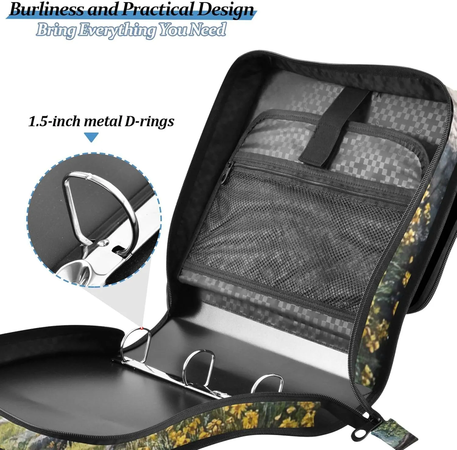Spring Scenic Landscape Zippered Binder Organizer 3 Ring Binders 1.5 Inch D Ring School Binders Bag with Shoulder Strap Portfolio Hold 500 Sheets Holder