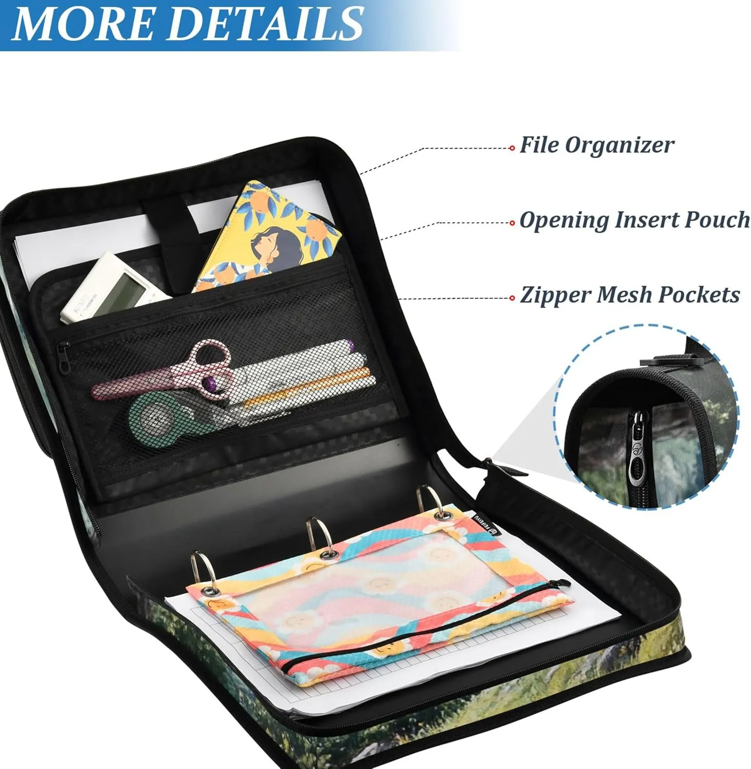Spring Scenic Landscape Zippered Binder Organizer 3 Ring Binders 1.5 Inch D Ring School Binders Bag with Shoulder Strap Portfolio Hold 500 Sheets Holder