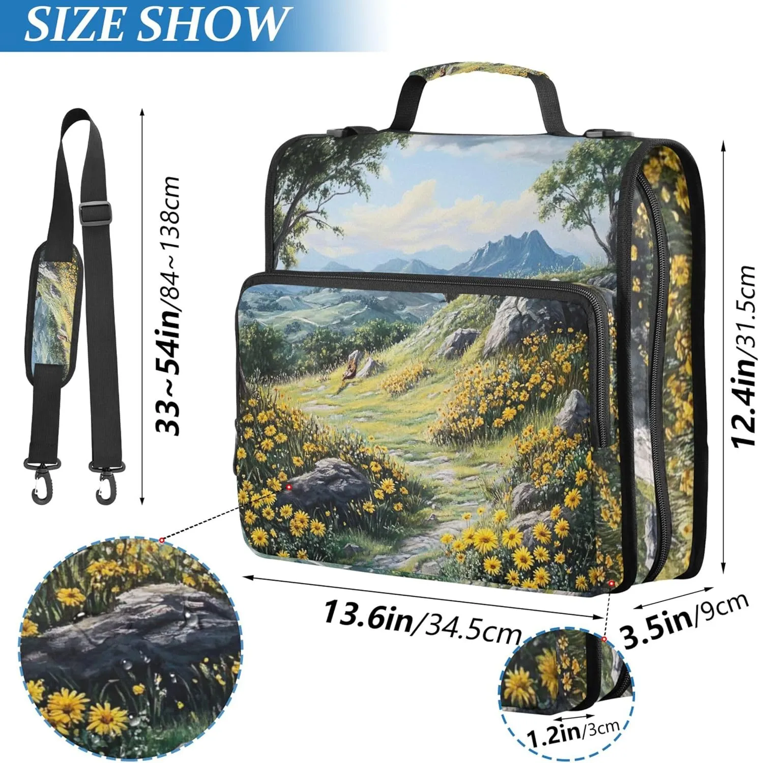 Spring Scenic Landscape Zippered Binder Organizer 3 Ring Binders 1.5 Inch D Ring School Binders Bag with Shoulder Strap Portfolio Hold 500 Sheets Holder