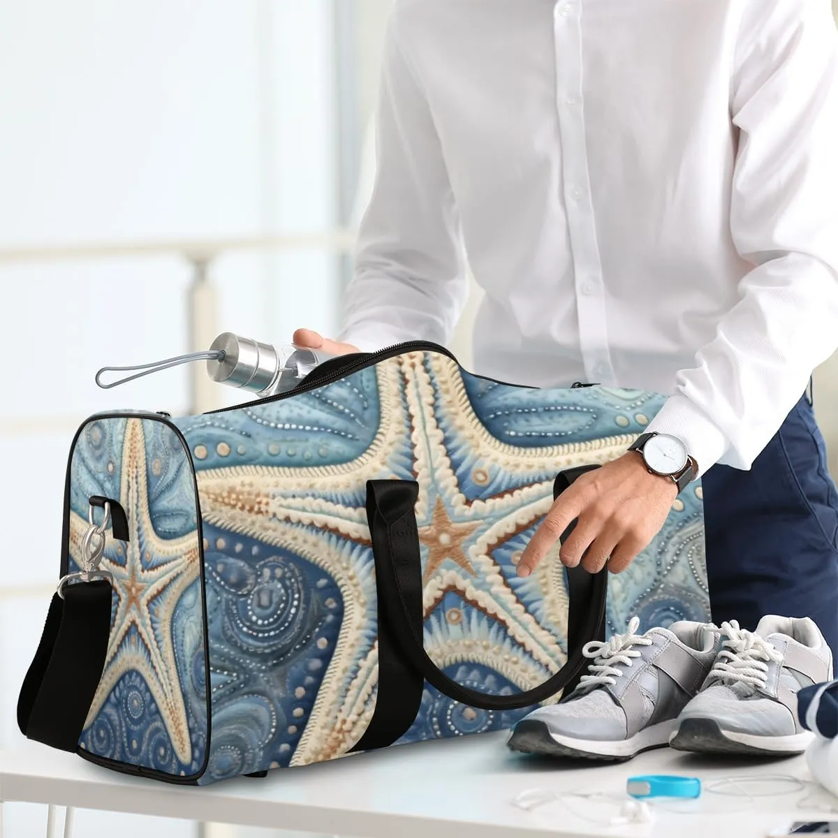 Starfish Theme Travel Duffle Bag for Women Men Gym Duffel Foldable Bag Waterproof Weekender Nautical Coastal Duffle Tote