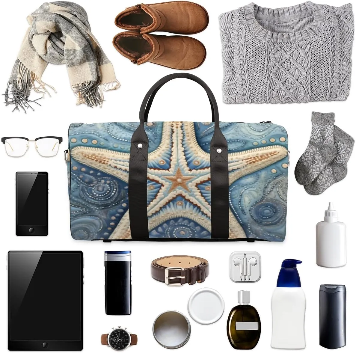 Starfish Theme Travel Duffle Bag for Women Men Gym Duffel Foldable Bag Waterproof Weekender Nautical Coastal Duffle Tote