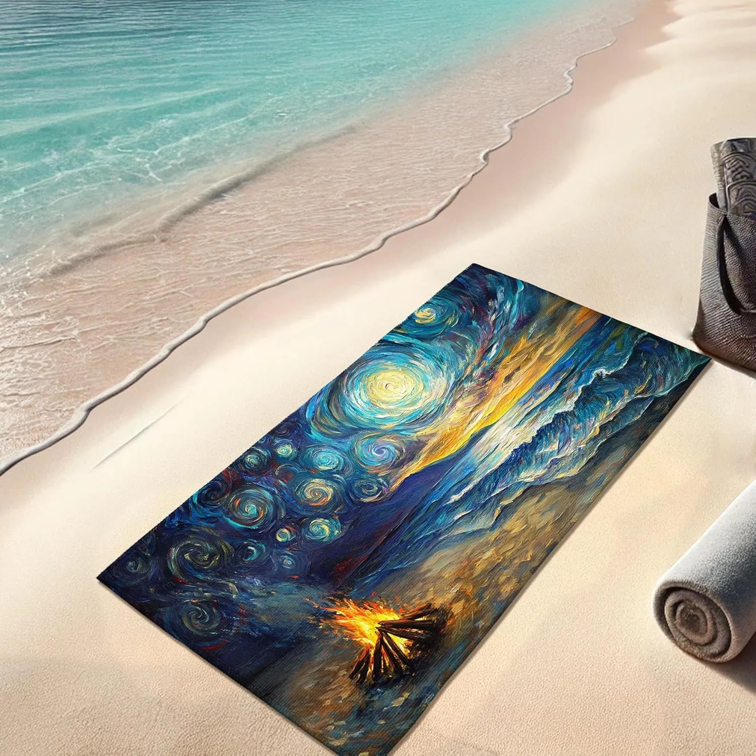 Starry Night Beach Towel Extra Large Abstract Ocean Sunrise Campfire Design, Quick Dry Absorbent Soft Lightweight Blanket, Travel Outdoor Picnic Essentials 62x31 Inch