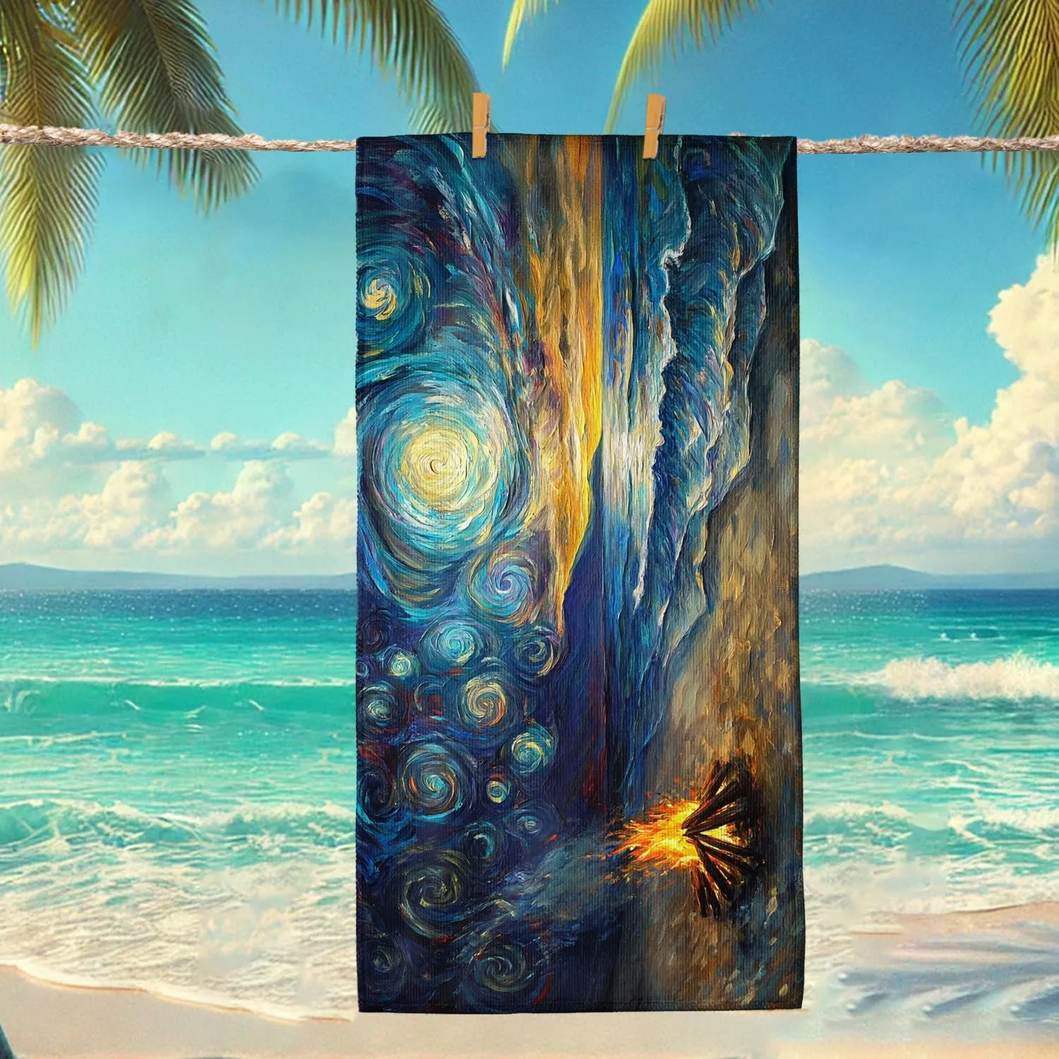 Starry Night Beach Towel Extra Large Abstract Ocean Sunrise Campfire Design, Quick Dry Absorbent Soft Lightweight Blanket, Travel Outdoor Picnic Essentials 62x31 Inch