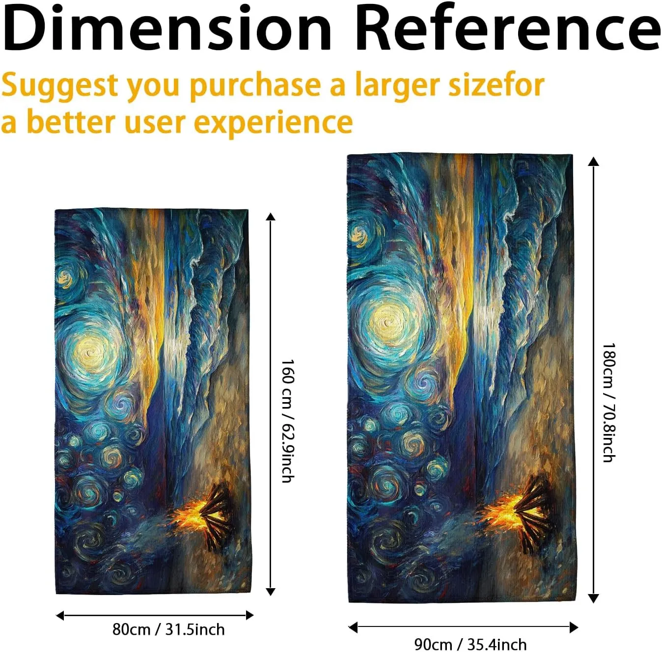 Starry Night Beach Towel Extra Large Abstract Ocean Sunrise Campfire Design, Quick Dry Absorbent Soft Lightweight Blanket, Travel Outdoor Picnic Essentials 62x31 Inch