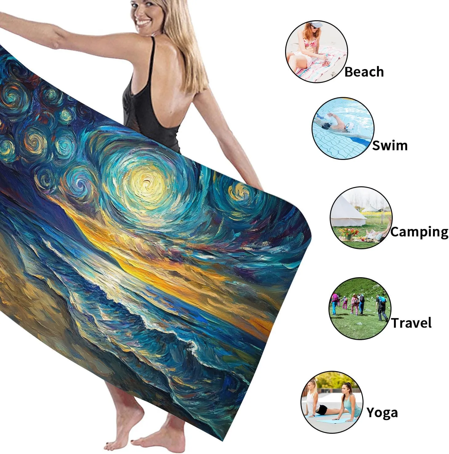 Starry Night Beach Towel Extra Large Abstract Ocean Sunrise Campfire Design, Quick Dry Absorbent Soft Lightweight Blanket, Travel Outdoor Picnic Essentials 62x31 Inch
