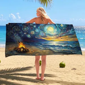 Starry Night Beach Towel Extra Large Abstract Ocean Sunrise Campfire Design, Quick Dry Absorbent Soft Lightweight Blanket, Travel Outdoor Picnic Essentials 62x31 Inch