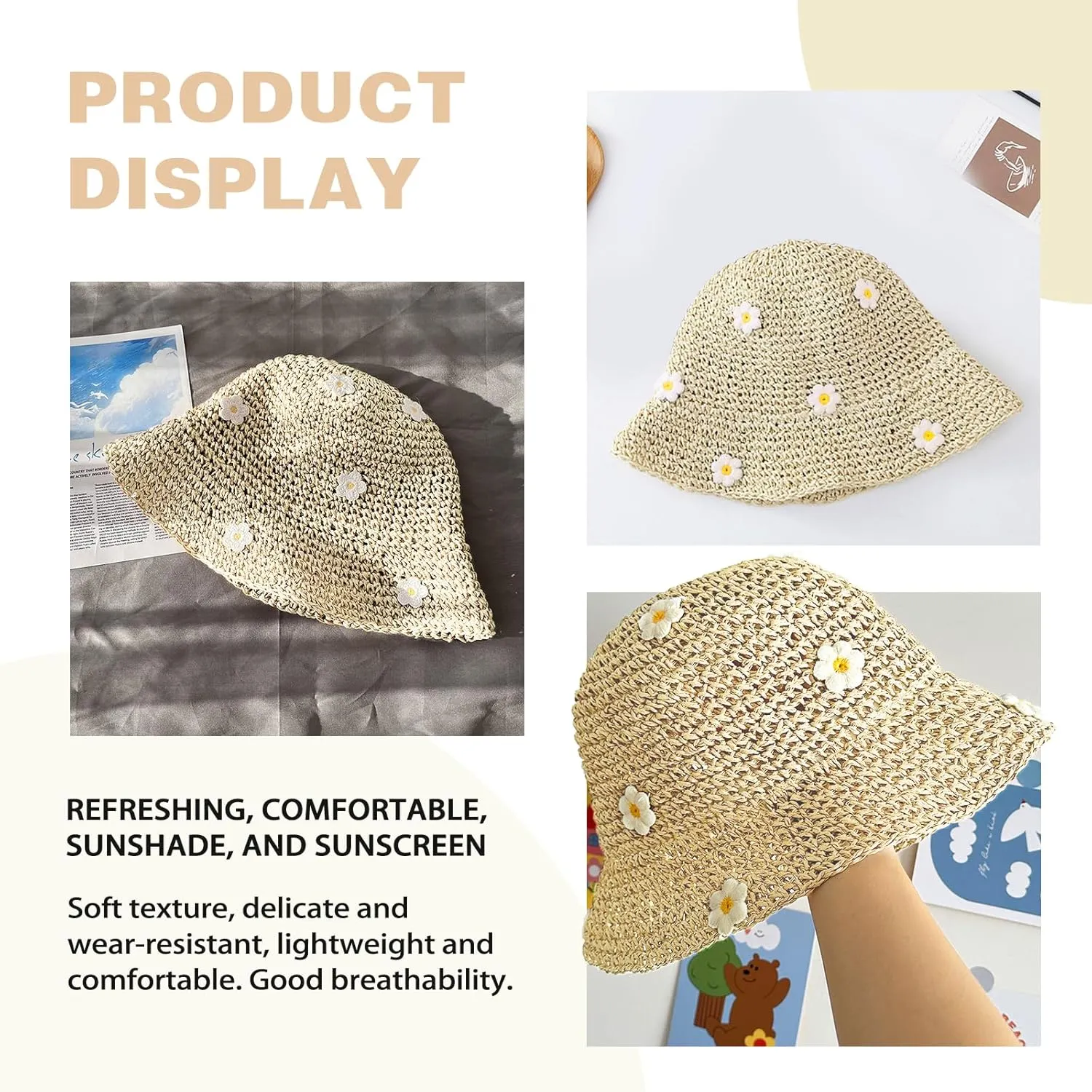 Straw Bucket Hat for Women Foldable Sun Hat Wide Brim Flower Beach Hat Floppy Bucket Hat