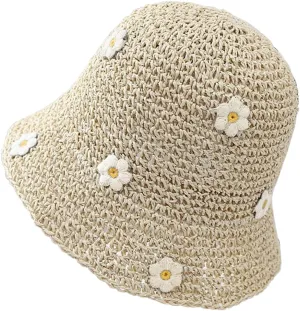 Straw Bucket Hat for Women Foldable Sun Hat Wide Brim Flower Beach Hat Floppy Bucket Hat