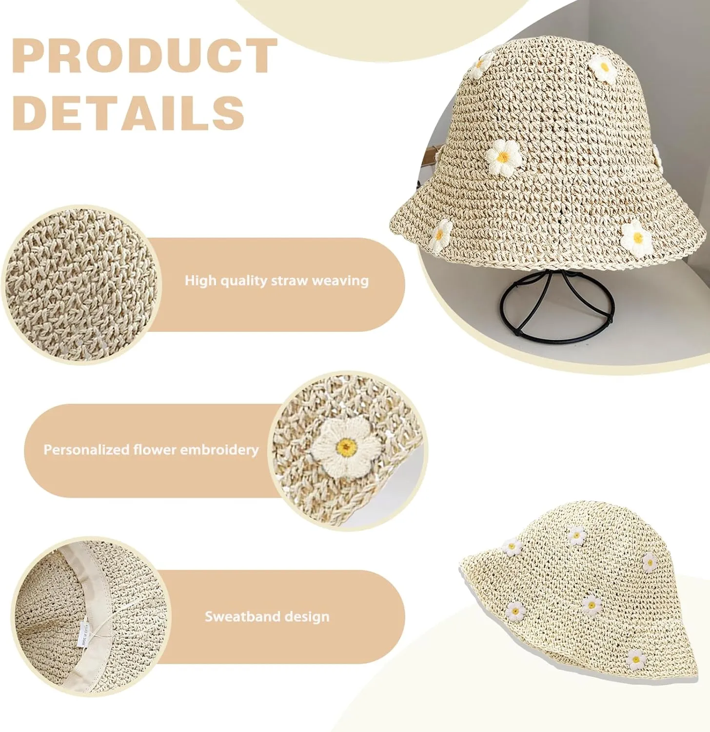 Straw Bucket Hat for Women Foldable Sun Hat Wide Brim Flower Beach Hat Floppy Bucket Hat